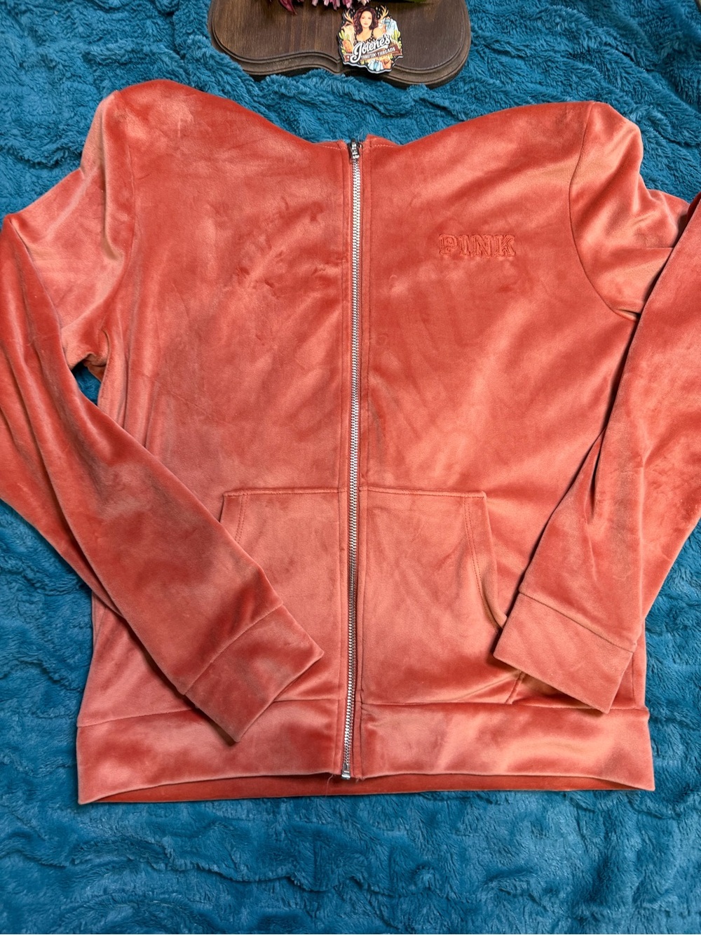 Victoria's Secret PINK Medium Velour Zip Hoodie Coral Embroidered Logo